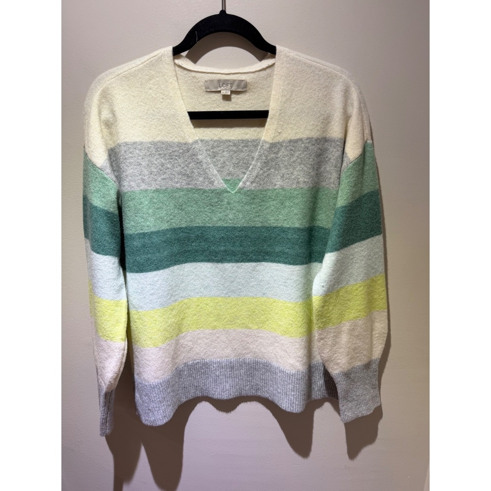 LOFT Womens V-Neck Striped Knit Sweater Green Yellow Grey Size M